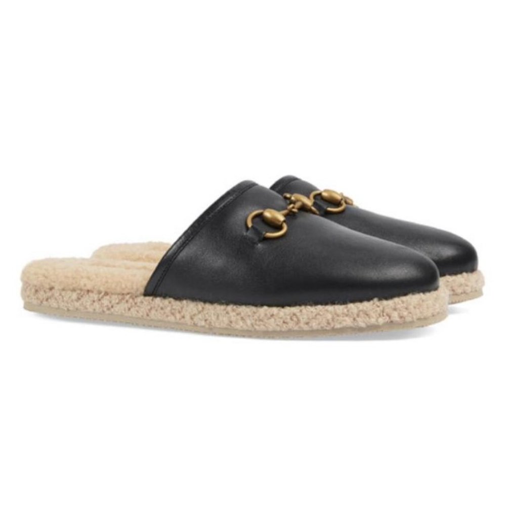 Gucci Fria Shearling-lined black Leather Slippers flats IT 39/US 9